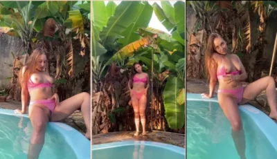 No quintal de casa, a Gabriela Petry tira a roupa e fica à vontade