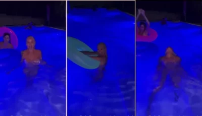 Giovanna Genesini se jogando na piscina sem roupa com a amiga